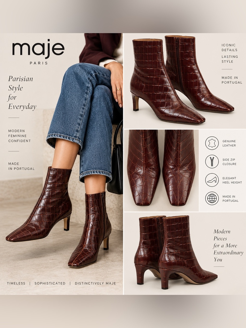 Maje Burgundy Croc Embossed Leather Ankle Boots 39 Portugal